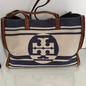 Tory Burch Navy and Cream Striped Canvas Tote with Leather Trim
